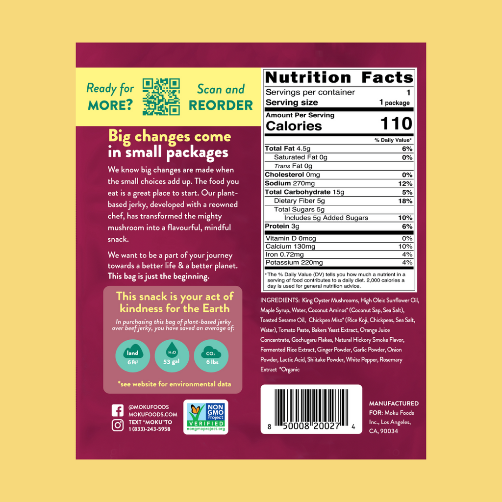 Moku Foods Mushroom Jerky Korean BBQ Nutrition Facts - Add to your Oh Goodie Snack box today