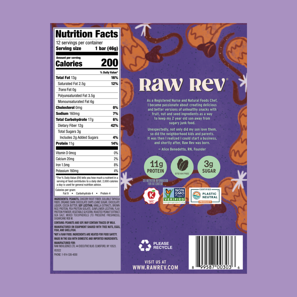 Raw Rev Peanut Butter Dark Chocolate and Sea Salt Protein Bar Nutrition Facts - Add to your Oh Goodie snack box today