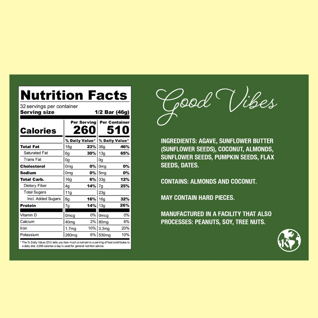 Nutritional information and ingredients for Protein Puck Good Vibes Bar - add to your Oh Goodie! snack box